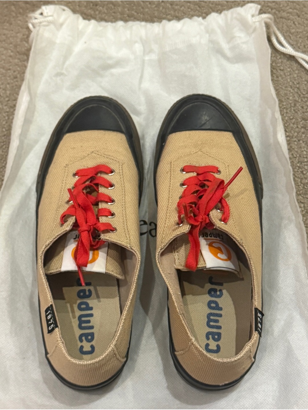 Camper Tan Canvas Sneakers with Red Laces